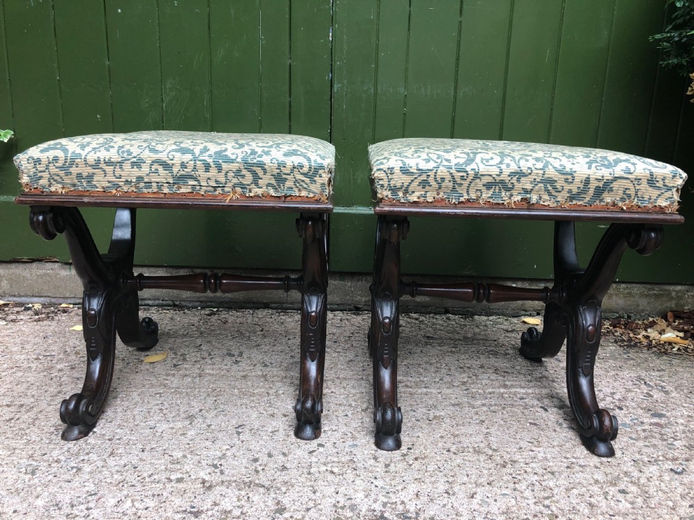 Pair of early C19th William IV period carved  rosewood stools of X-frame form . View IV