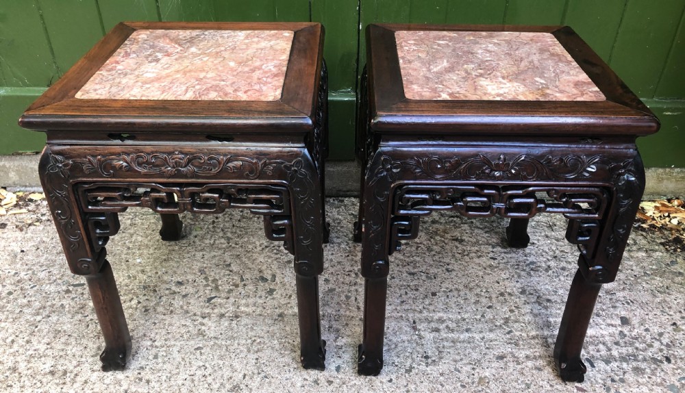Pair of late C19th Chinese Qing Dynasty carved hardwood low jardiniere stands . View II
