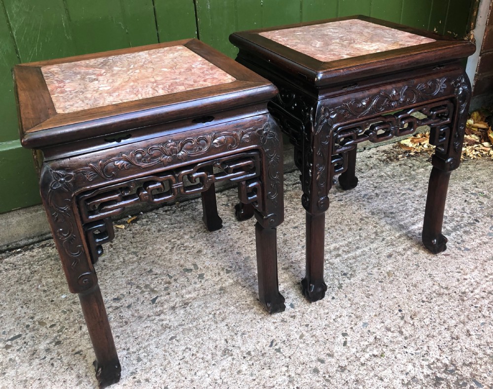 Pair of late C19th Chinese Qing Dynasty carved hardwood low jardiniere stands . View III