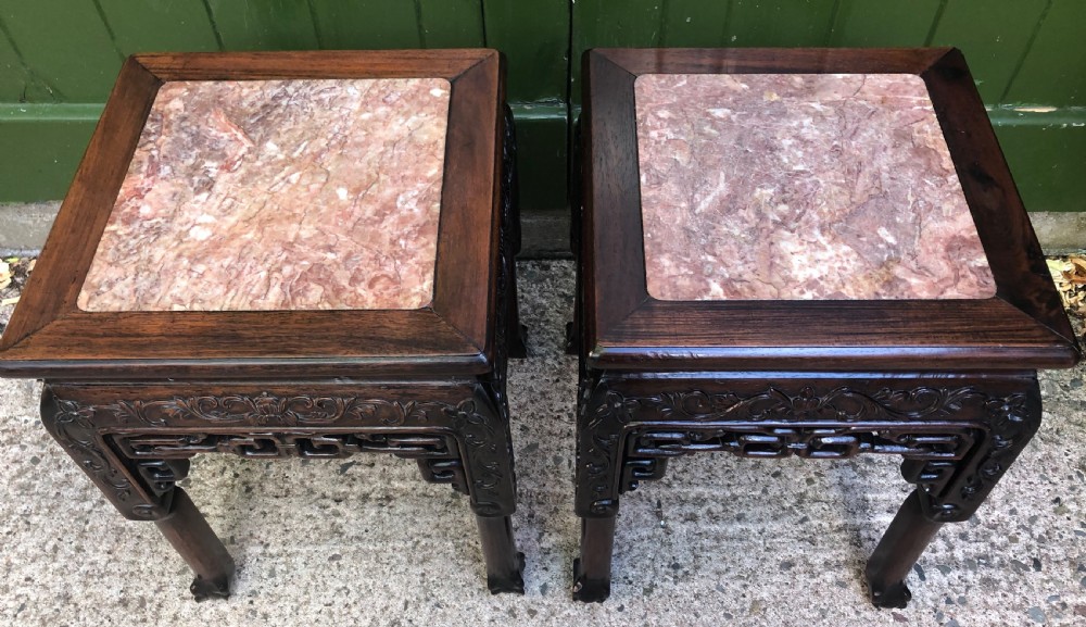 Pair of late C19th Chinese Qing Dynasty carved hardwood low jardiniere stands . View IV