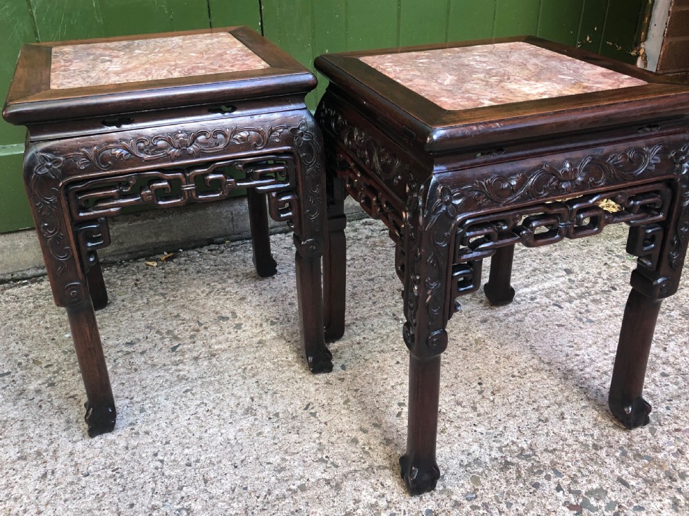 Pair of late C19th Chinese Qing Dynasty carved hardwood low jardiniere stands . View V
