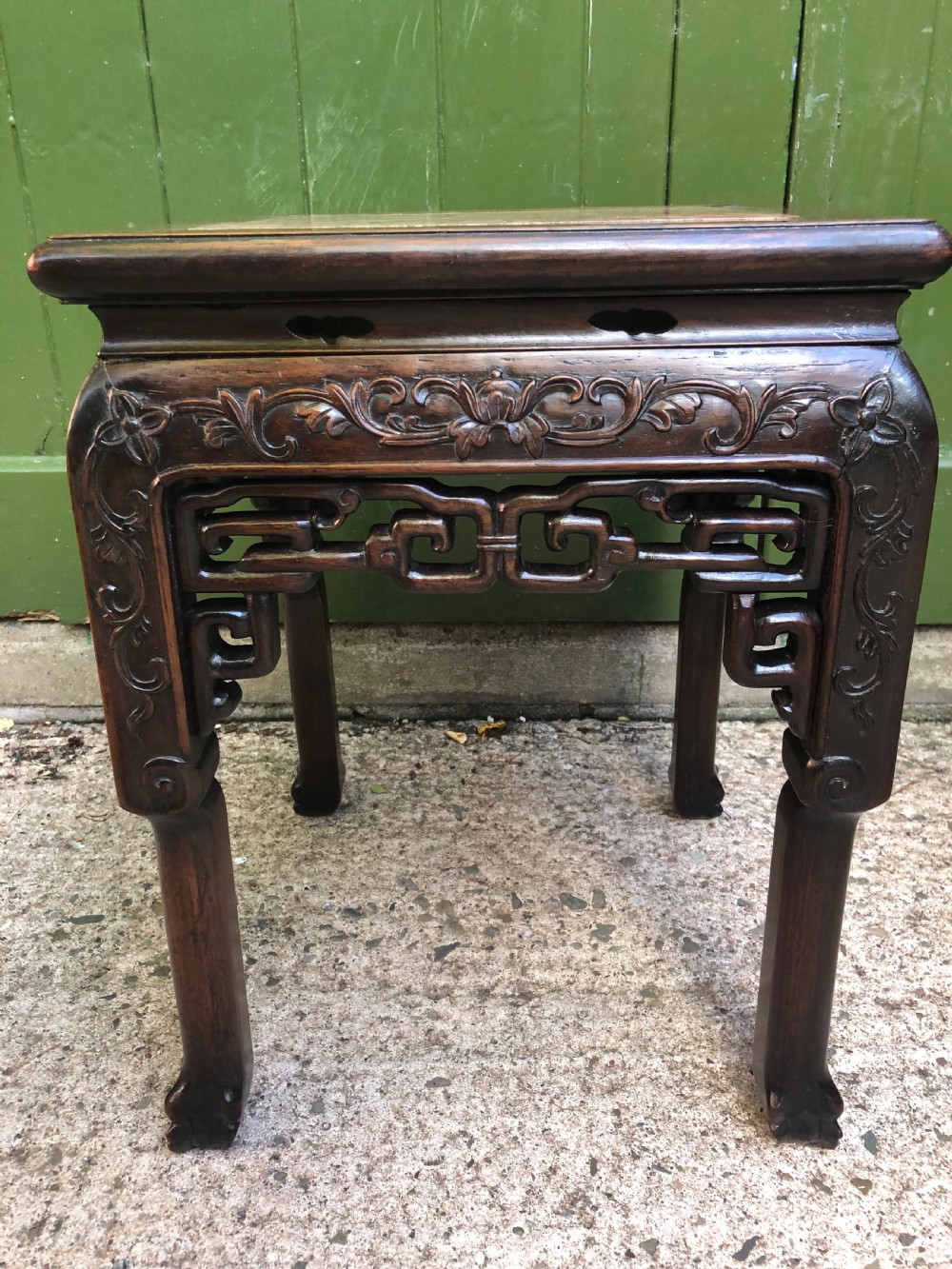Pair of late C19th Chinese Qing Dynasty carved hardwood low jardiniere stands . View IX