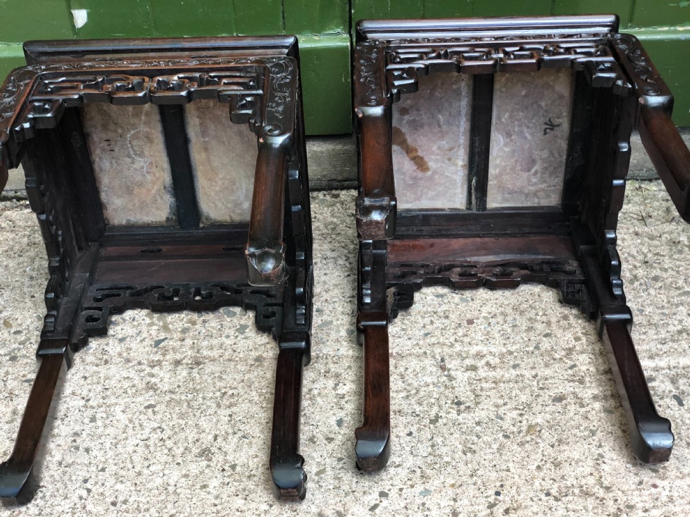 Pair of late C19th Chinese Qing Dynasty carved hardwood low jardiniere stands . View XI