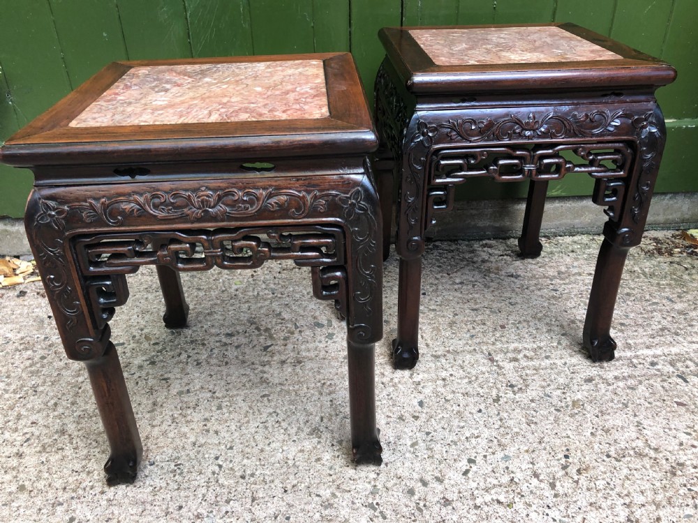 Pair of late C19th Chinese Qing Dynasty carved hardwood low jardiniere stands . View XII
