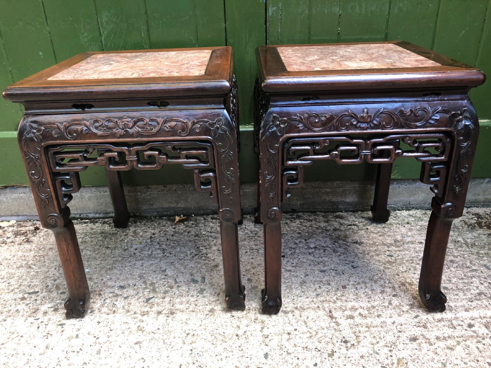 Pair of late C19th Chinese Qing Dynasty carved hardwood low jardiniere stands . View XIV