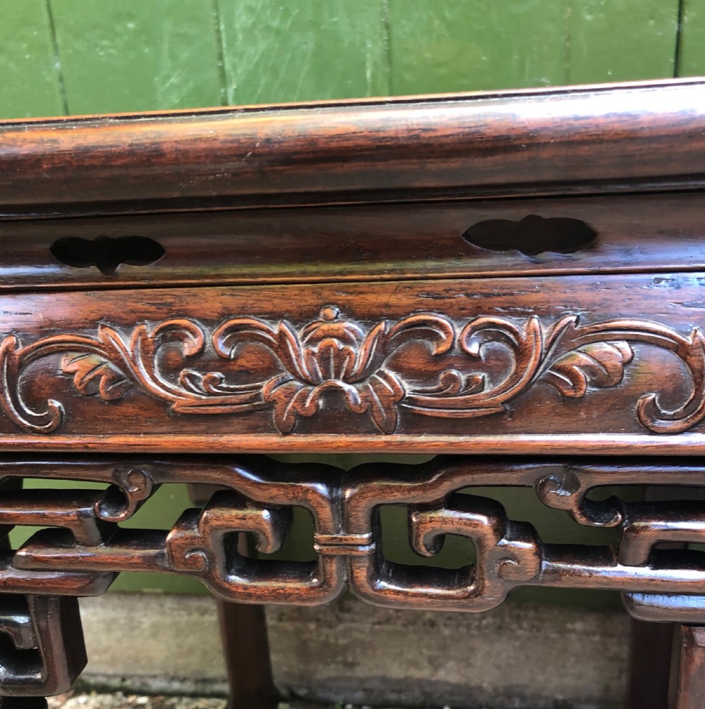 Pair of late C19th Chinese Qing Dynasty carved hardwood low jardiniere stands . View XV