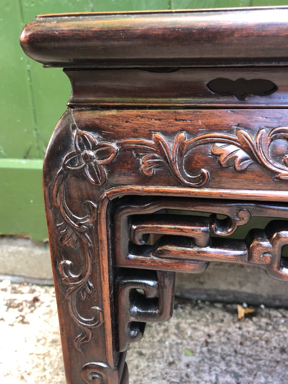 Pair of late C19th Chinese Qing Dynasty carved hardwood low jardiniere stands . View XVI