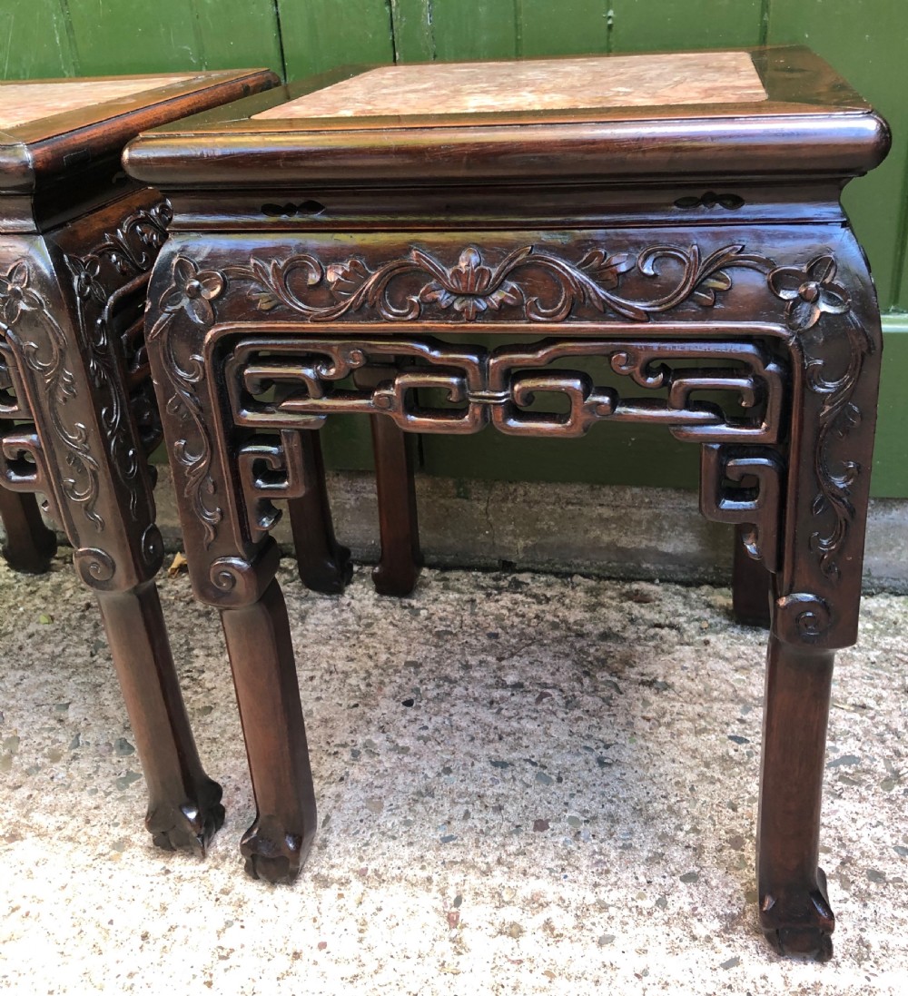 Pair of late C19th Chinese Qing Dynasty carved hardwood low jardiniere stands . View XIX