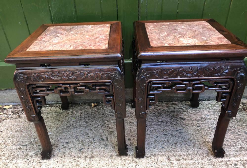 Pair of late C19th Chinese Qing Dynasty carved hardwood low jardiniere stands . View XX