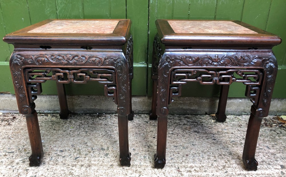 Pair of late C19th Chinese Qing Dynasty carved hardwood low jardiniere stands . View XXII