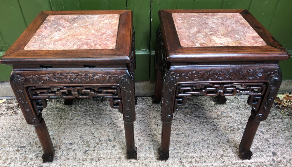 Pair of late C19th Chinese Qing Dynasty carved hardwood low jardiniere stands . View XXIII