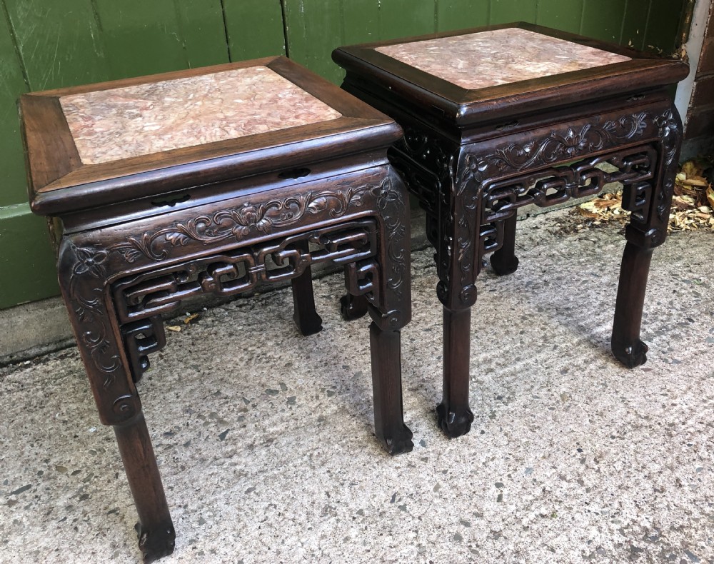 Pair of late C19th Chinese Qing Dynasty carved hardwood low jardiniere stands . View XXIV