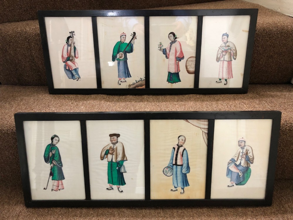 Two framed sets of 4 late C19th Chinese Qing Dynasty watercolour studies of musicians and court figures on ‘pithe’ paper in ebonised frames .