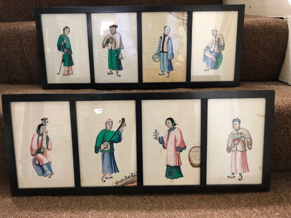 Two framed sets of 4 late C19th Chinese Qing Dynasty watercolour studies of musicians and court figures on ‘pithe’ paper in ebonised frames . View III