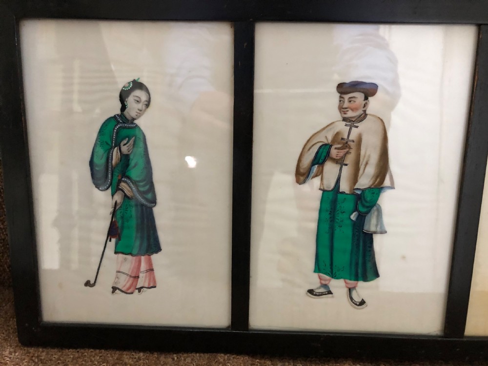Two framed sets of 4 late C19th Chinese Qing Dynasty watercolour studies of musicians and court figures on ‘pithe’ paper in ebonised frames . View IV