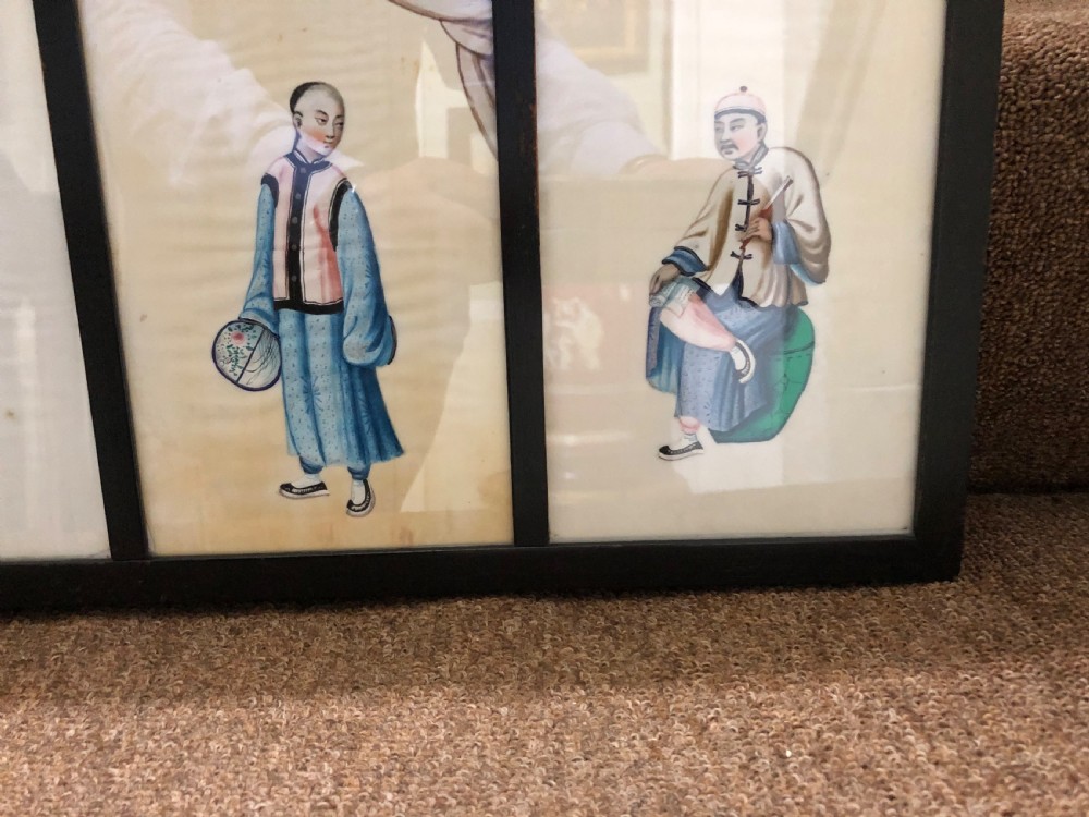 Two framed sets of 4 late C19th Chinese Qing Dynasty watercolour studies of musicians and court figures on ‘pithe’ paper in ebonised frames . View V