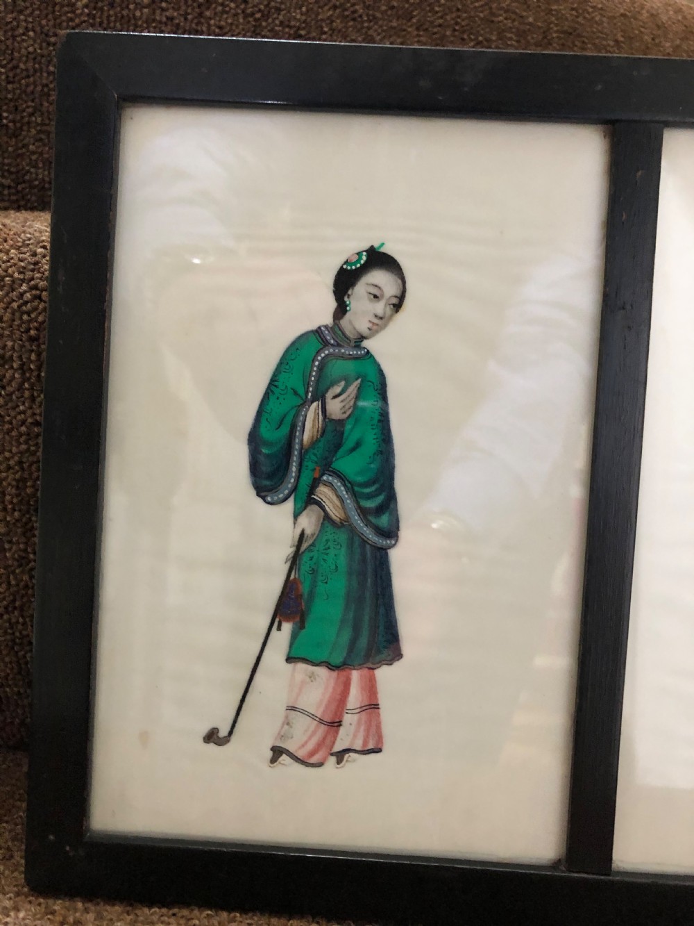 Two framed sets of 4 late C19th Chinese Qing Dynasty watercolour studies of musicians and court figures on ‘pithe’ paper in ebonised frames . View VI