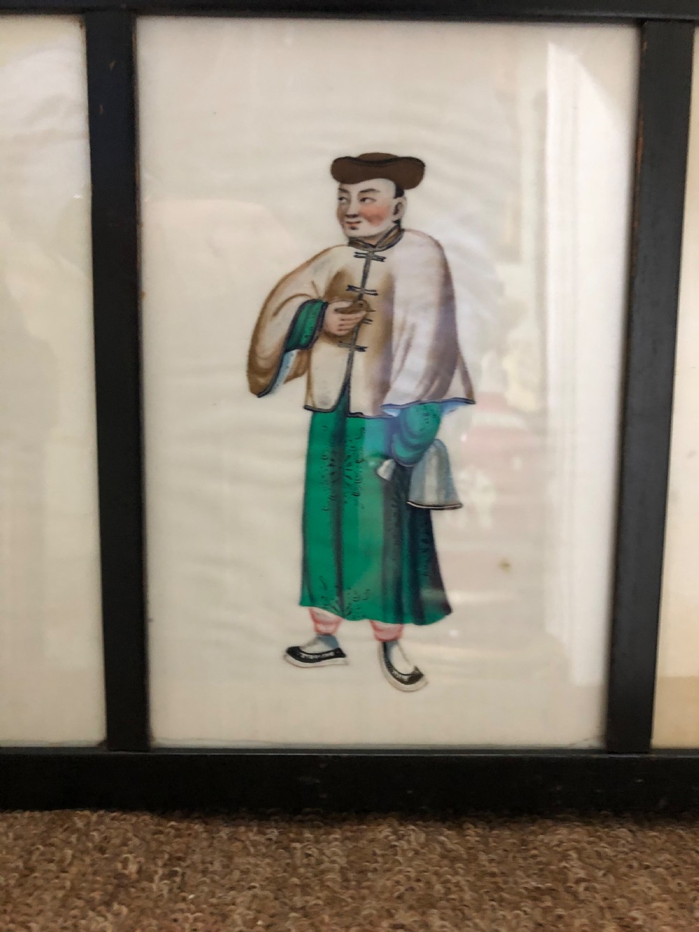 Two framed sets of 4 late C19th Chinese Qing Dynasty watercolour studies of musicians and court figures on ‘pithe’ paper in ebonised frames . View VII