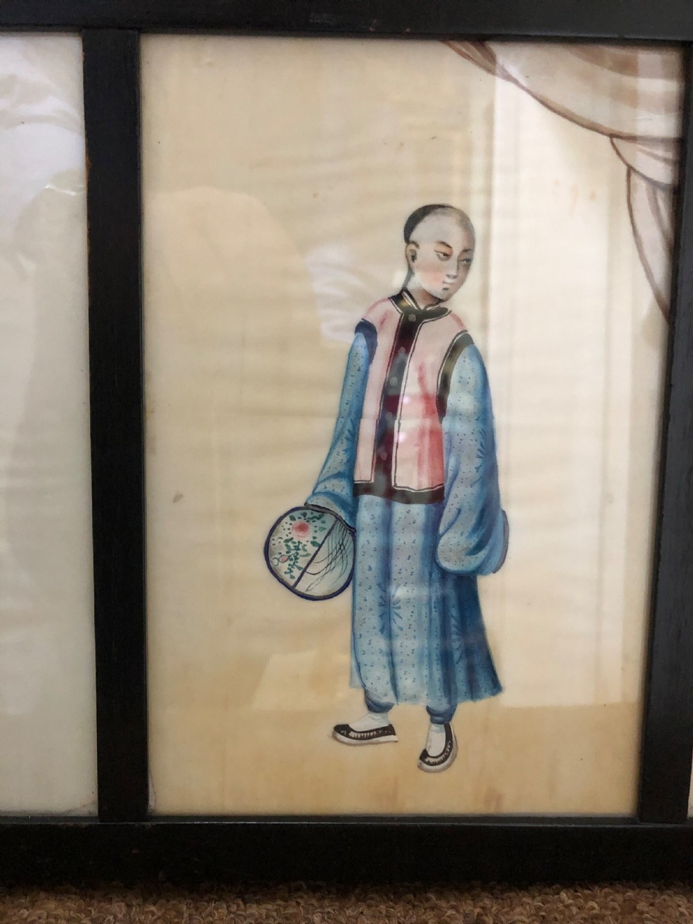 Two framed sets of 4 late C19th Chinese Qing Dynasty watercolour studies of musicians and court figures on ‘pithe’ paper in ebonised frames . View VIII