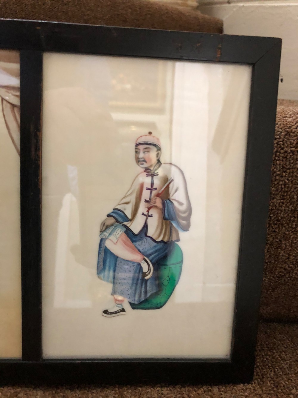 Two framed sets of 4 late C19th Chinese Qing Dynasty watercolour studies of musicians and court figures on ‘pithe’ paper in ebonised frames . View IX