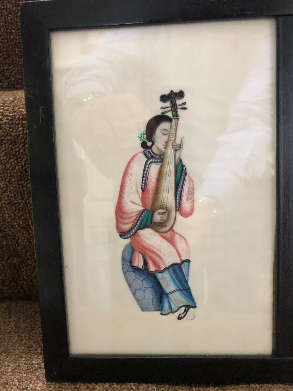 Two framed sets of 4 late C19th Chinese Qing Dynasty watercolour studies of musicians and court figures on ‘pithe’ paper in ebonised frames . View X