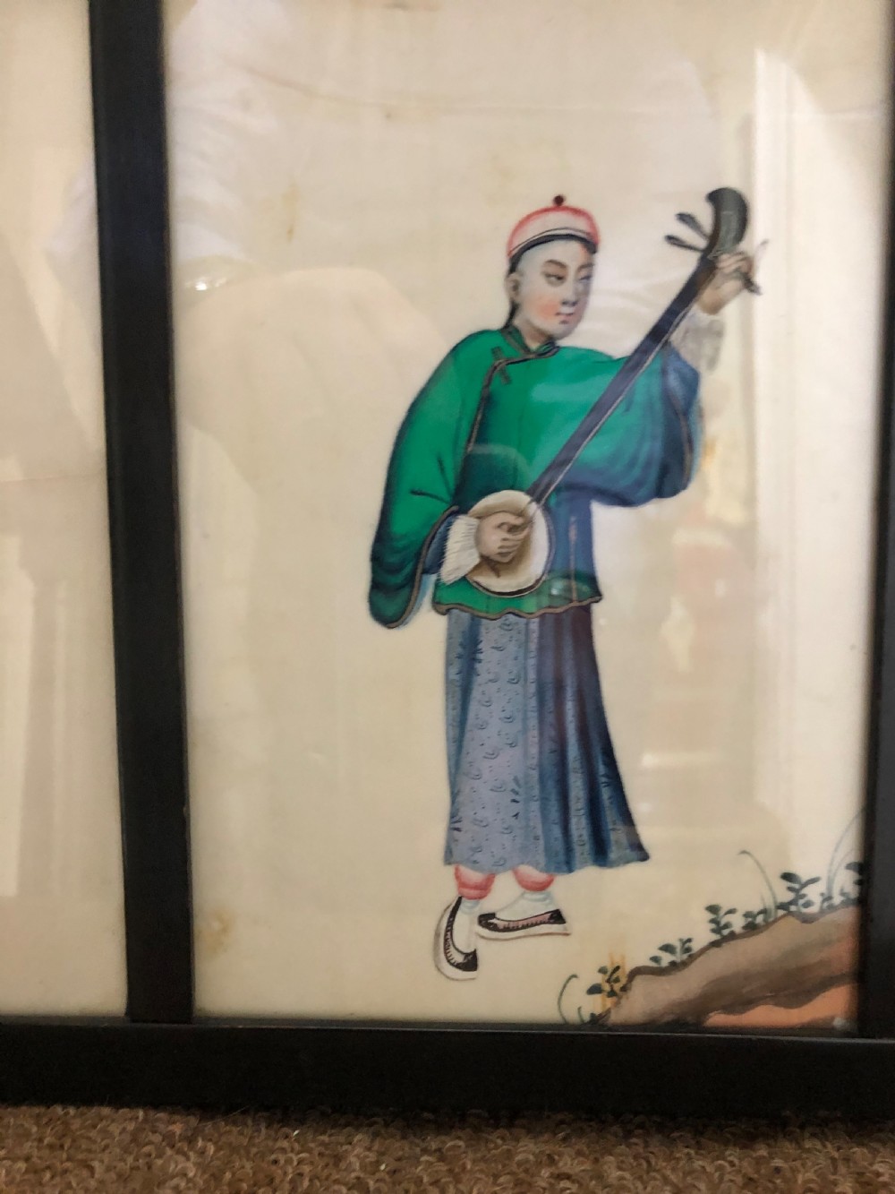 Two framed sets of 4 late C19th Chinese Qing Dynasty watercolour studies of musicians and court figures on ‘pithe’ paper in ebonised frames . View XI