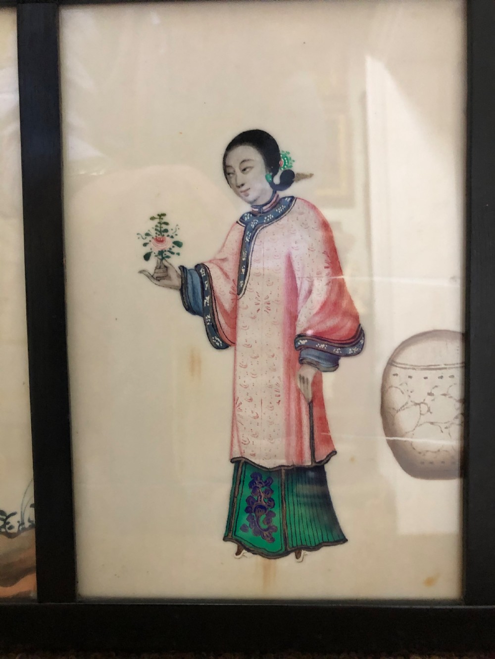 Two framed sets of 4 late C19th Chinese Qing Dynasty watercolour studies of musicians and court figures on ‘pithe’ paper in ebonised frames . View XII
