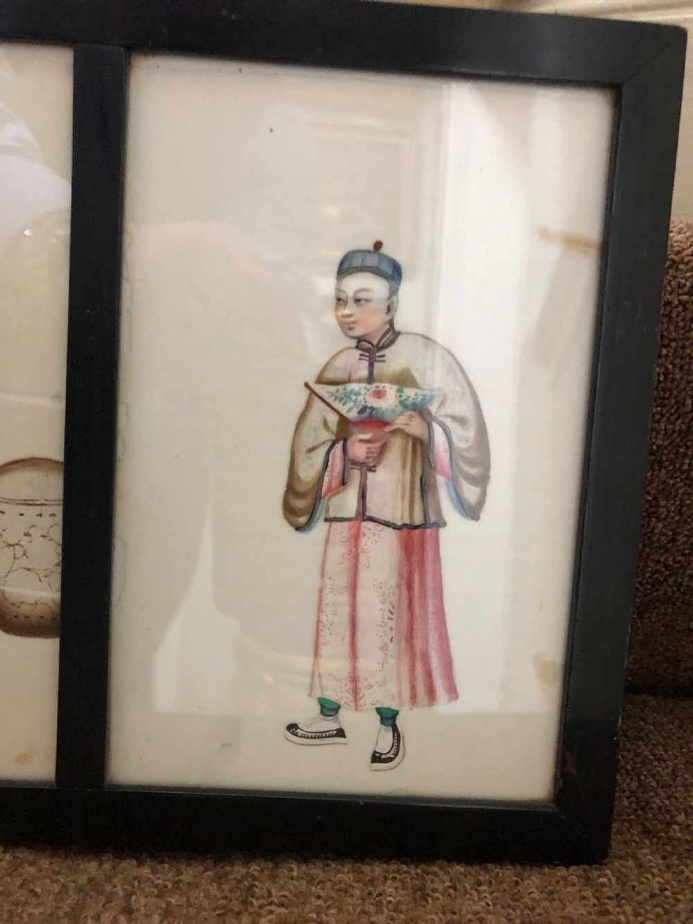 Two framed sets of 4 late C19th Chinese Qing Dynasty watercolour studies of musicians and court figures on ‘pithe’ paper in ebonised frames . View XIII