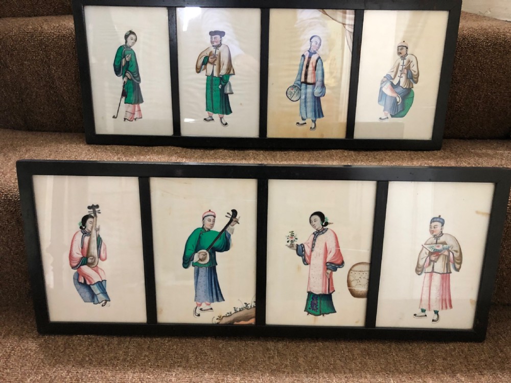 Two framed sets of 4 late C19th Chinese Qing Dynasty watercolour studies of musicians and court figures on ‘pithe’ paper in ebonised frames . View XIV