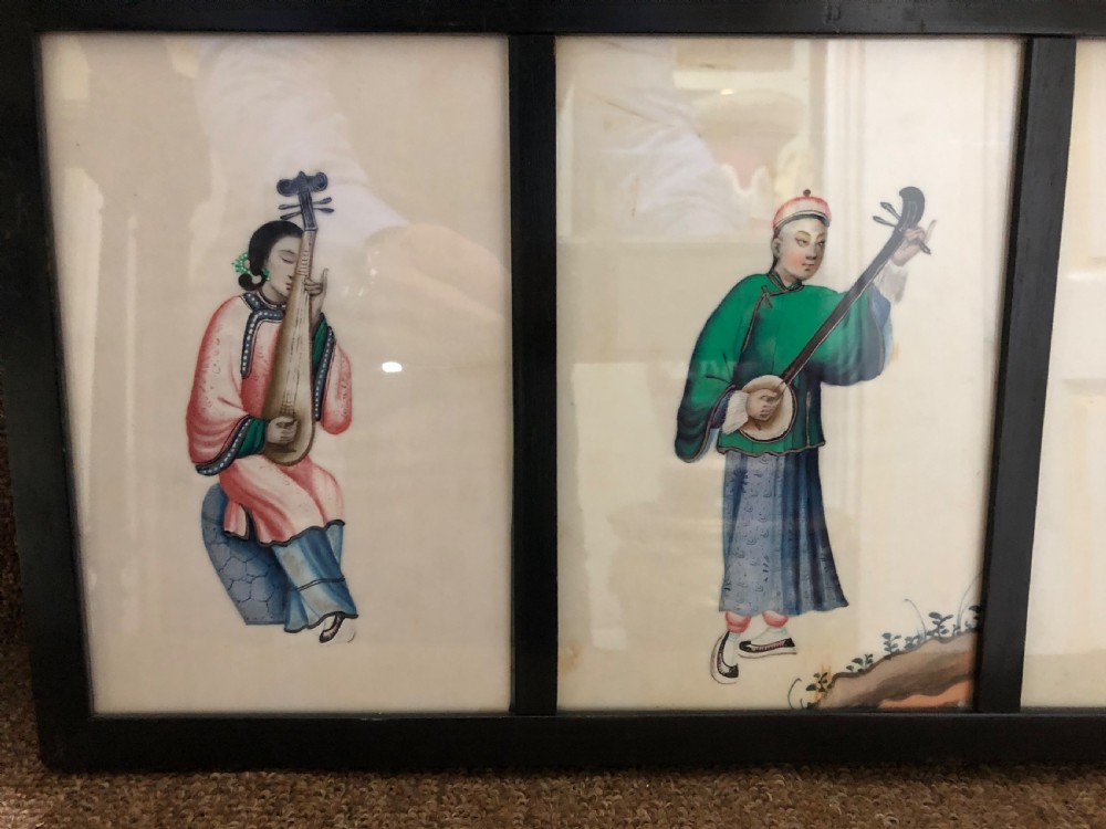 Two framed sets of 4 late C19th Chinese Qing Dynasty watercolour studies of musicians and court figures on ‘pithe’ paper in ebonised frames . View XV