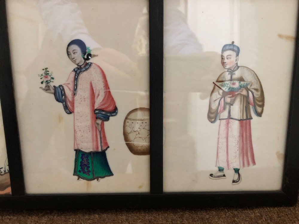 Two framed sets of 4 late C19th Chinese Qing Dynasty watercolour studies of musicians and court figures on ‘pithe’ paper in ebonised frames . View XVI