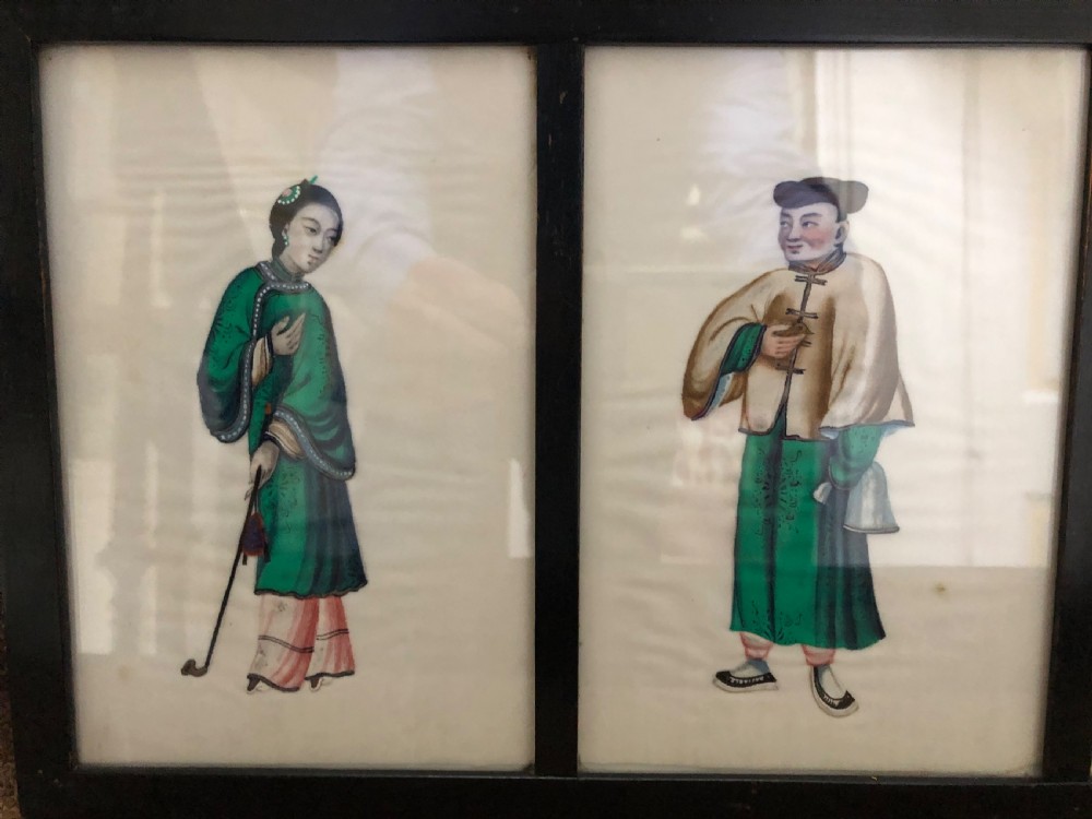 Two framed sets of 4 late C19th Chinese Qing Dynasty watercolour studies of musicians and court figures on ‘pithe’ paper in ebonised frames . View XVII