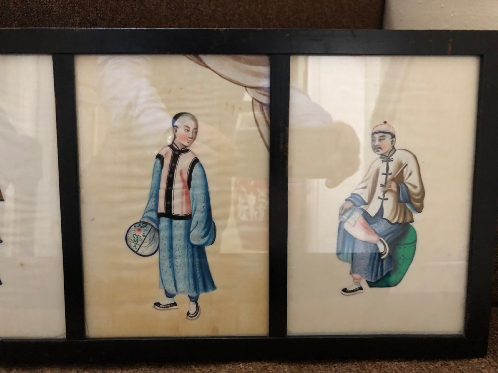 Two framed sets of 4 late C19th Chinese Qing Dynasty watercolour studies of musicians and court figures on ‘pithe’ paper in ebonised frames . View XVIII