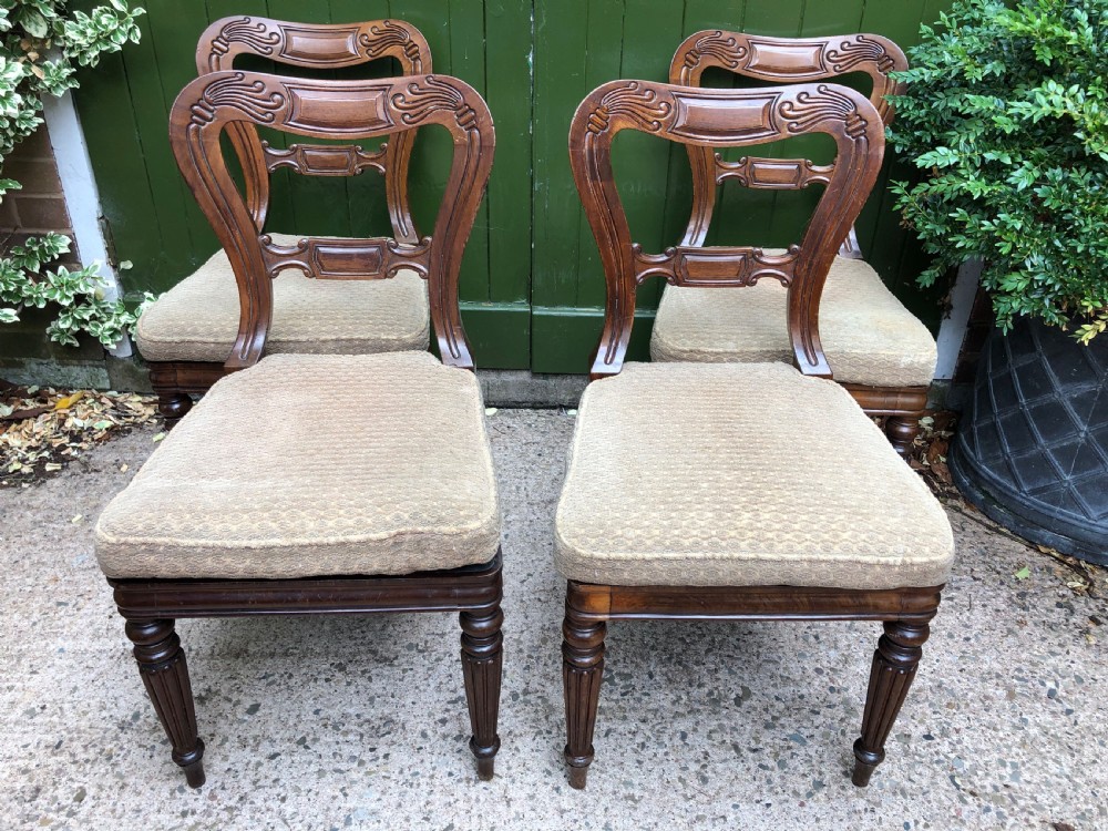 Set of 4 early C19th George IV period carved mahogany dining or side chairs attributed to Gillows of Lancaster. View IX