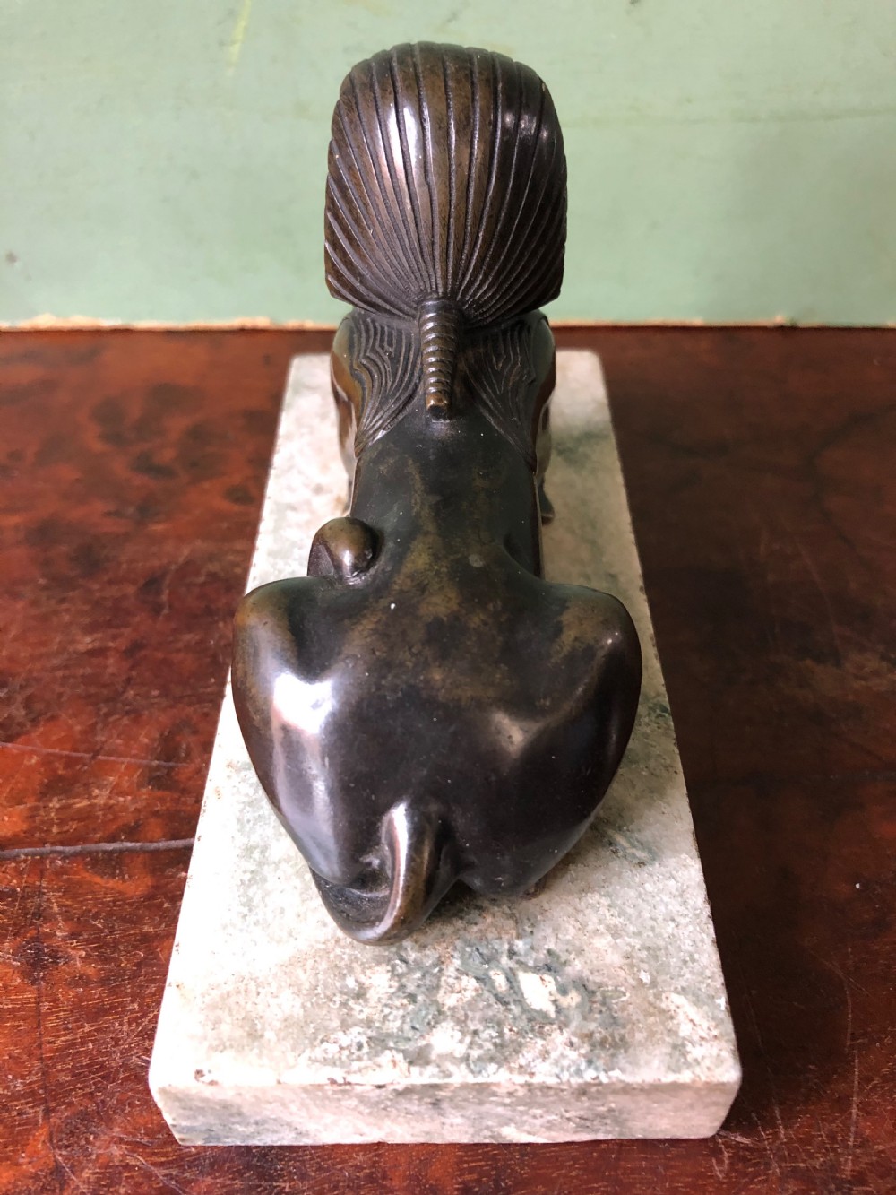 Early C19th bronze sculpture study of a Sphinx mounted on a ‘verde mare’ marble base. View VI