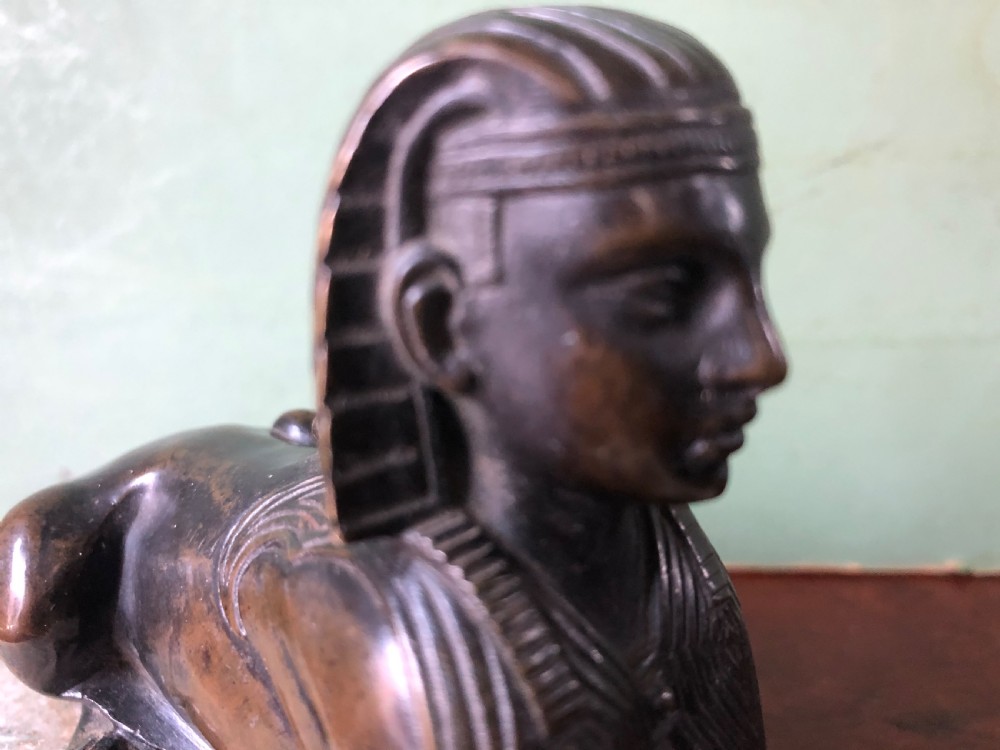 Early C19th bronze sculpture study of a Sphinx mounted on a ‘verde mare’ marble base. View X