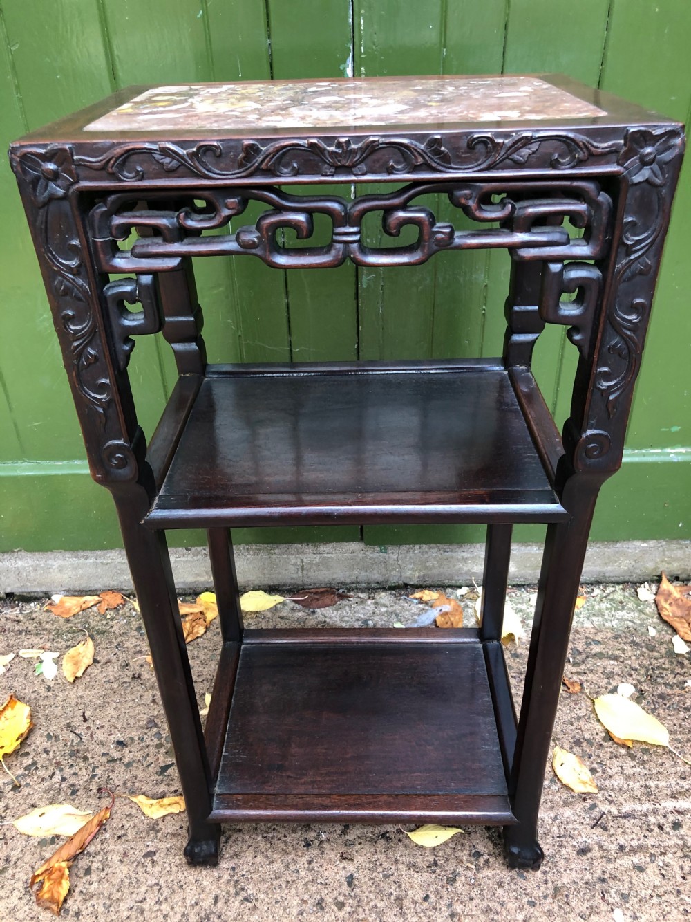 Late C19th Chinese Qing Dynasty carved hardwood marble inset top 3-tier table . View II