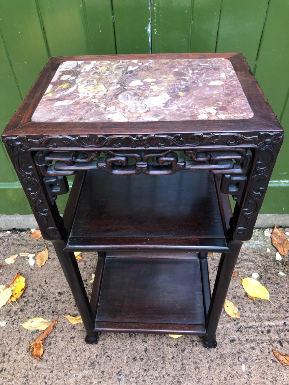 Late C19th Chinese Qing Dynasty carved hardwood marble inset top 3-tier table . View III