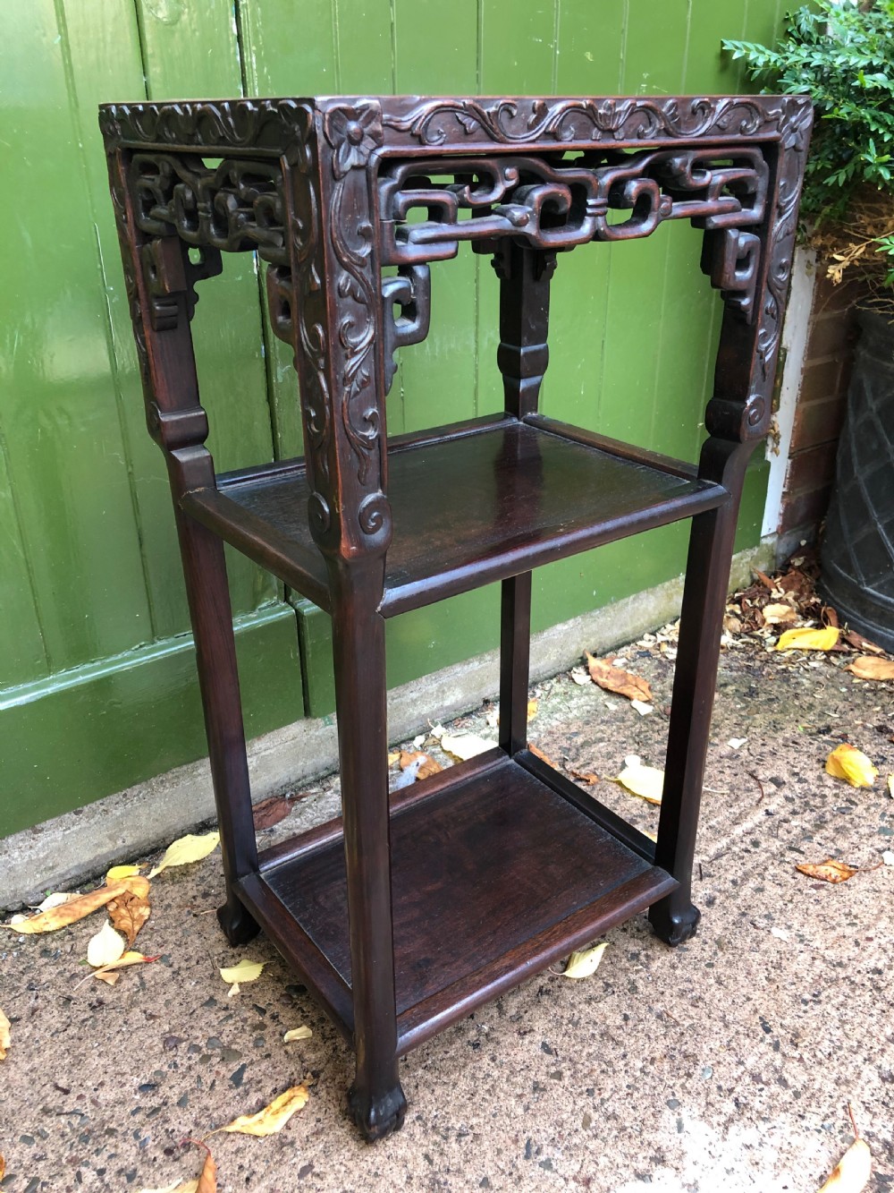 Late C19th Chinese Qing Dynasty carved hardwood marble inset top 3-tier table . View IV