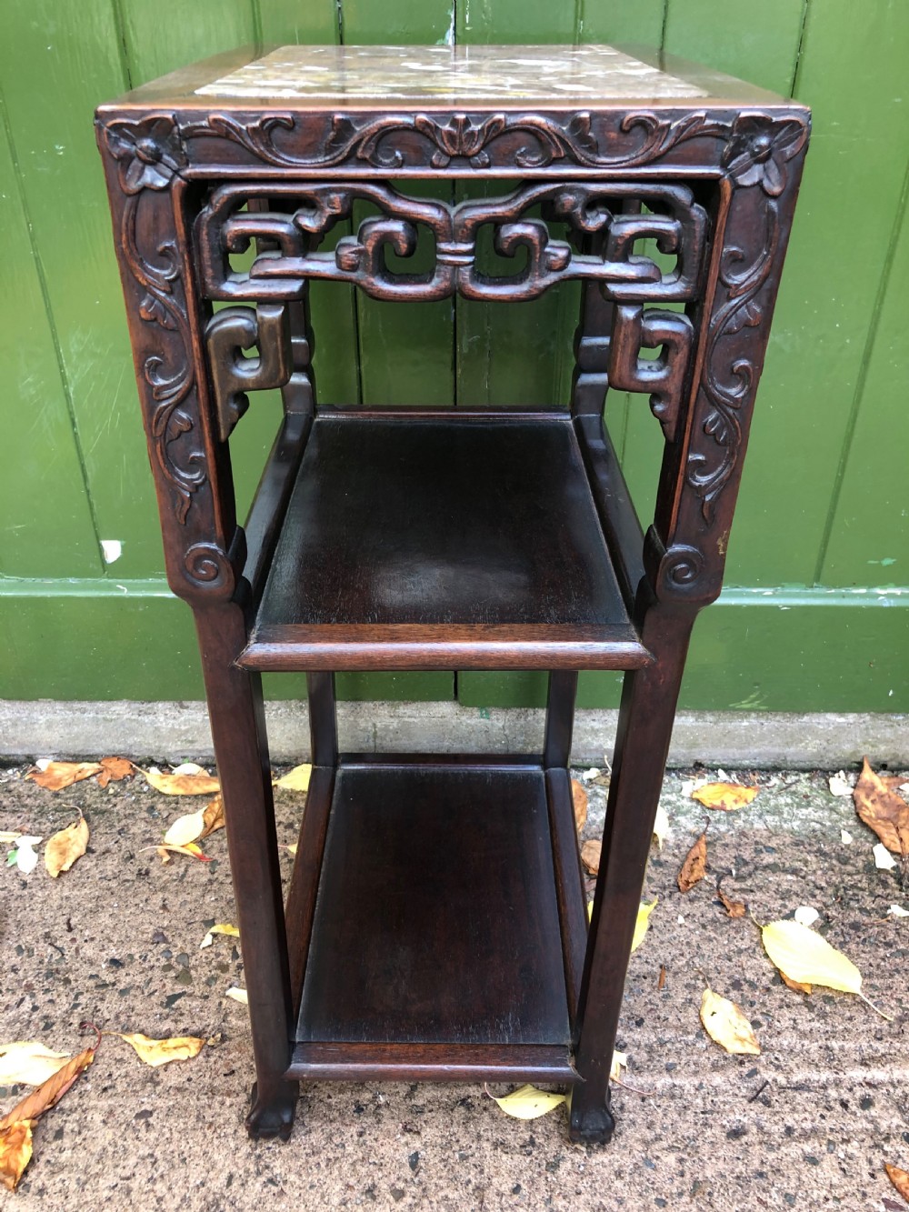 Late C19th Chinese Qing Dynasty carved hardwood marble inset top 3-tier table . View VI