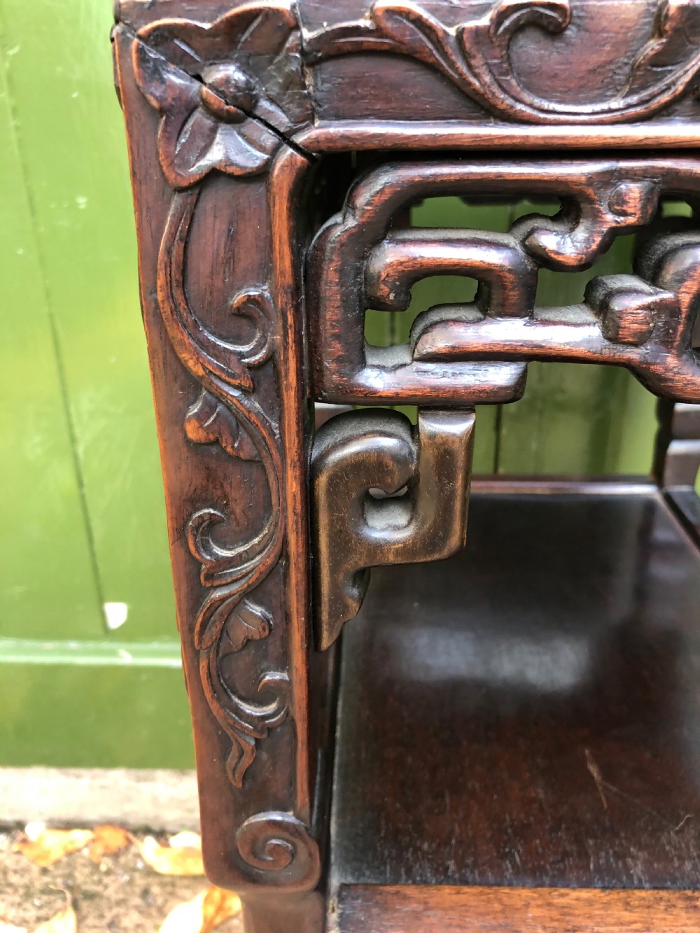 Late C19th Chinese Qing Dynasty carved hardwood marble inset top 3-tier table . View VII