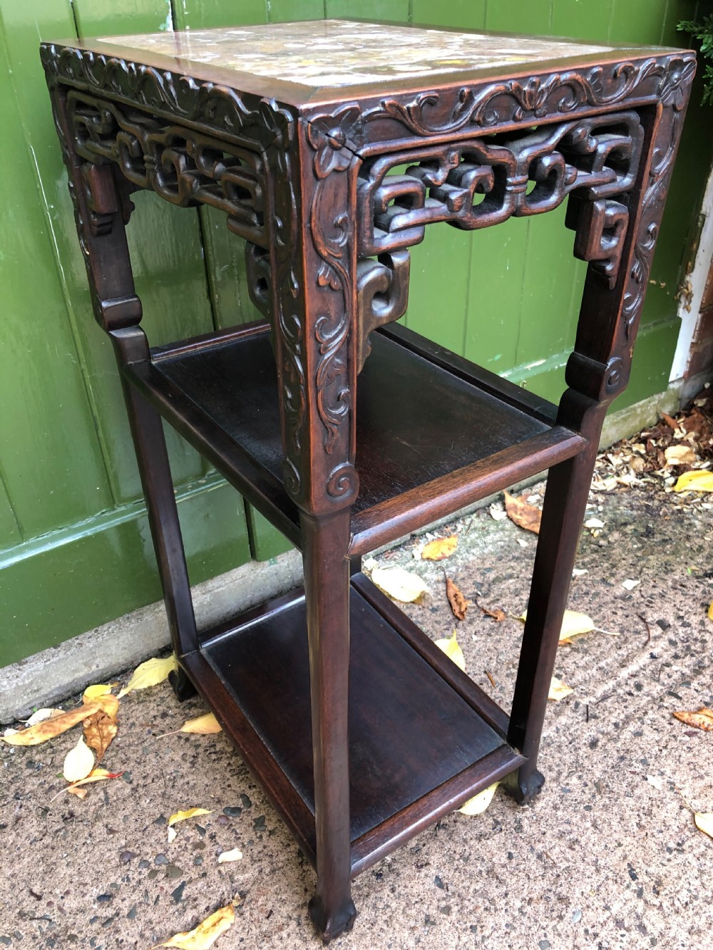 Late C19th Chinese Qing Dynasty carved hardwood marble inset top 3-tier table . View IX