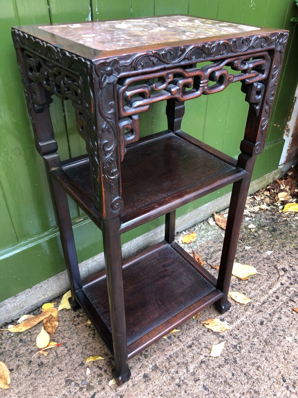 Late C19th Chinese Qing Dynasty carved hardwood marble inset top 3-tier table . View X
