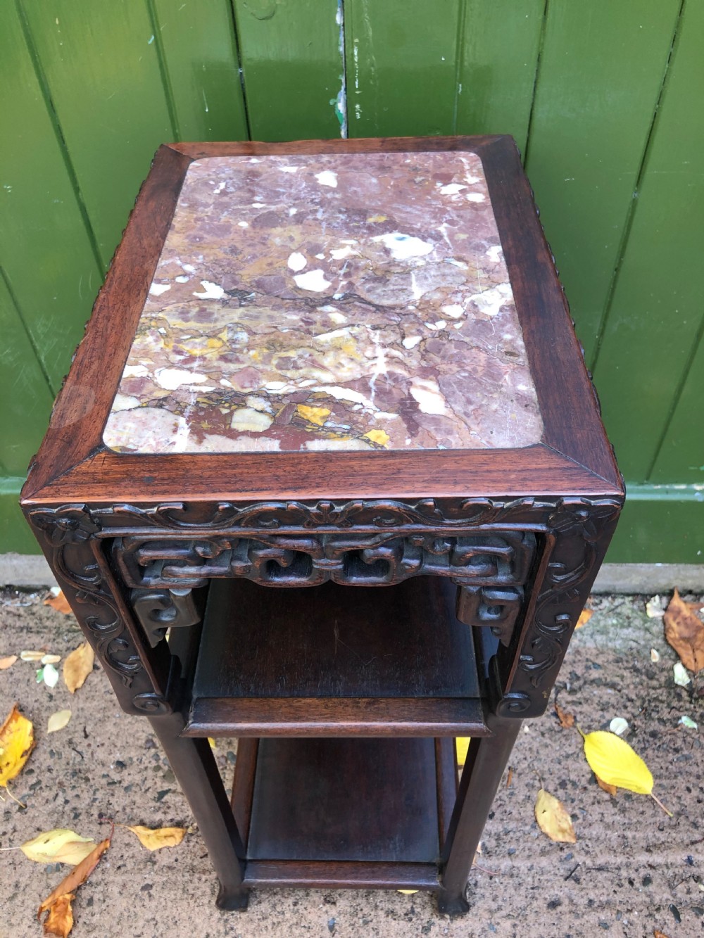 Late C19th Chinese Qing Dynasty carved hardwood marble inset top 3-tier table . View XI