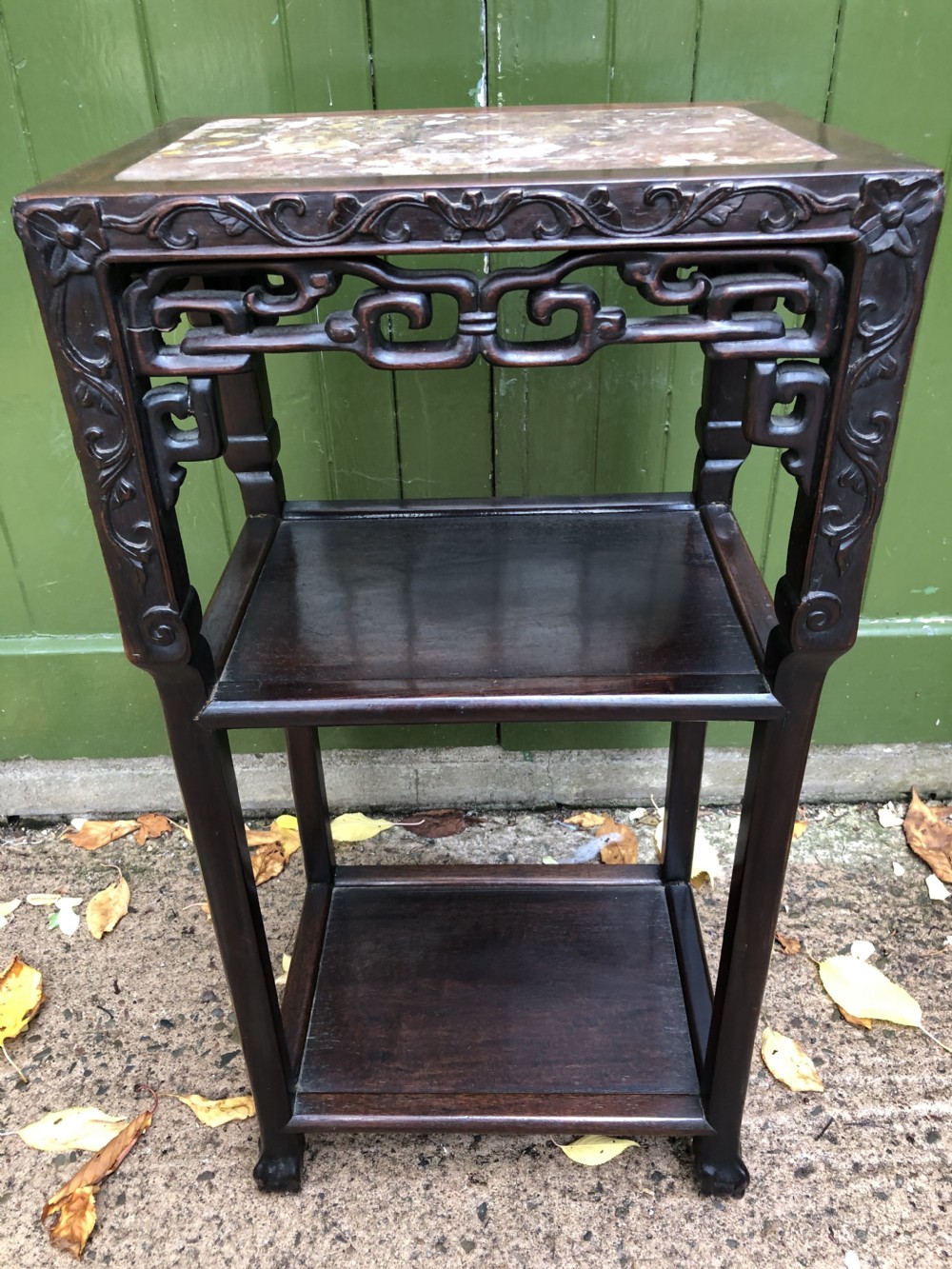 Late C19th Chinese Qing Dynasty carved hardwood marble inset top 3-tier table .