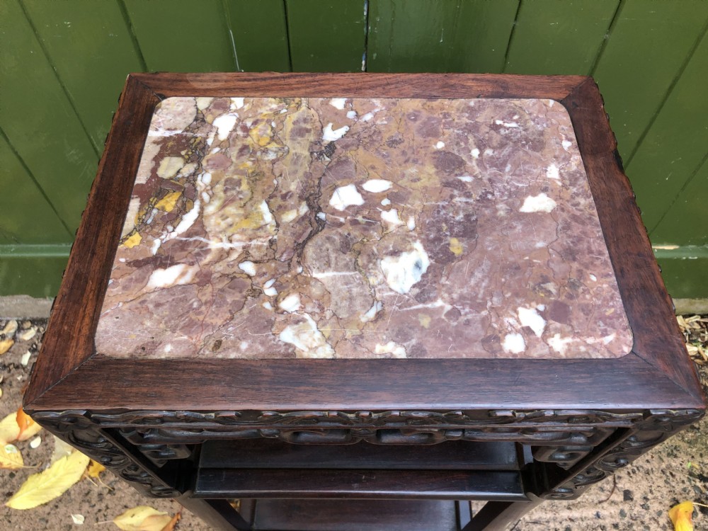Late C19th Chinese Qing Dynasty carved hardwood marble inset top 3-tier table . View V