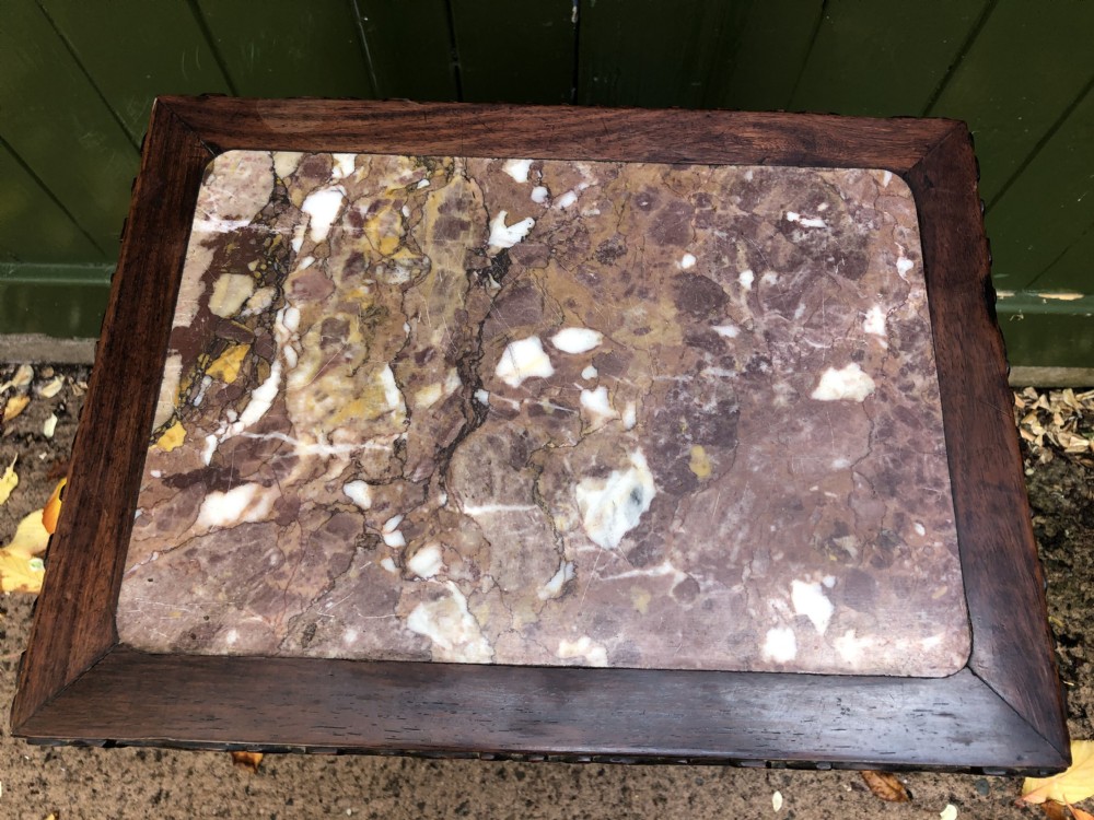 Late C19th Chinese Qing Dynasty carved hardwood marble inset top 3-tier table . View VIII