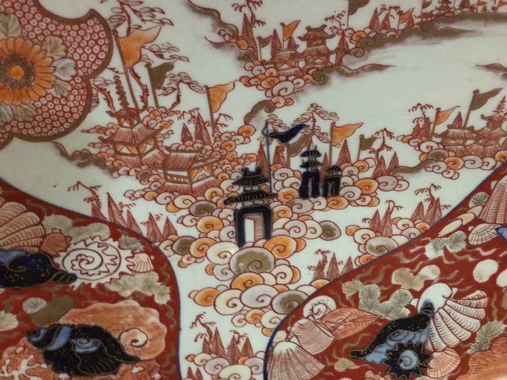 Fine large late C19th Japanese Meiji period porcelain charger in the Imari palette . View IV
