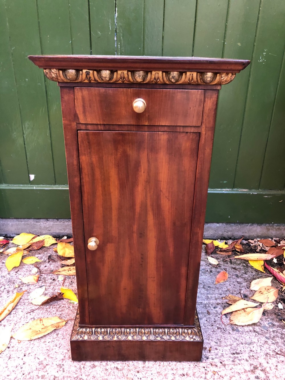 Early C19th Italian mahogany and carved parcel-gilt marble-topped pedestal bedside  cupboard. View III