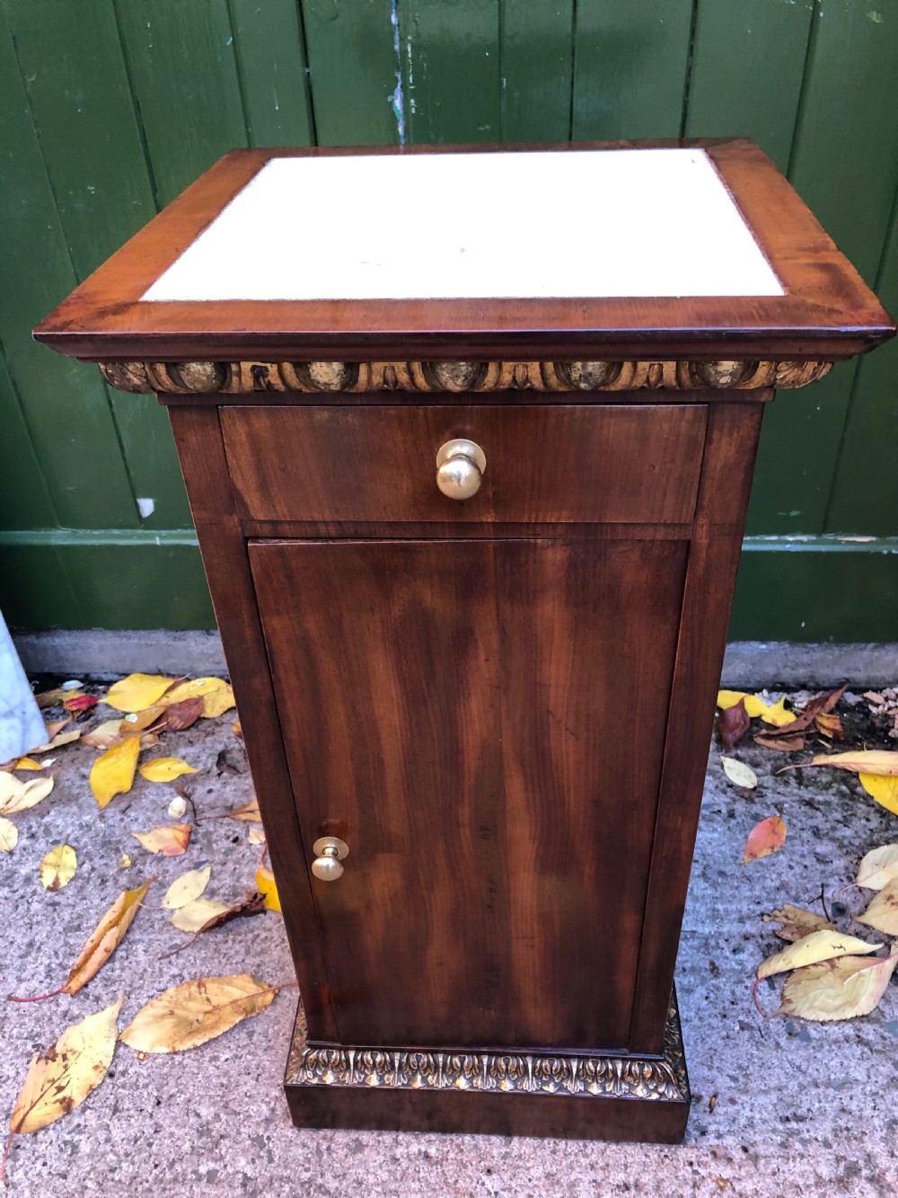 Early C19th Italian mahogany and carved parcel-gilt marble-topped pedestal bedside  cupboard. View IV